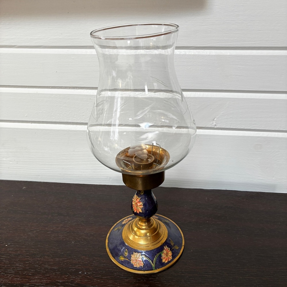 Elegant Glass Hurricane Candle Holder with Gold and Blue Accents